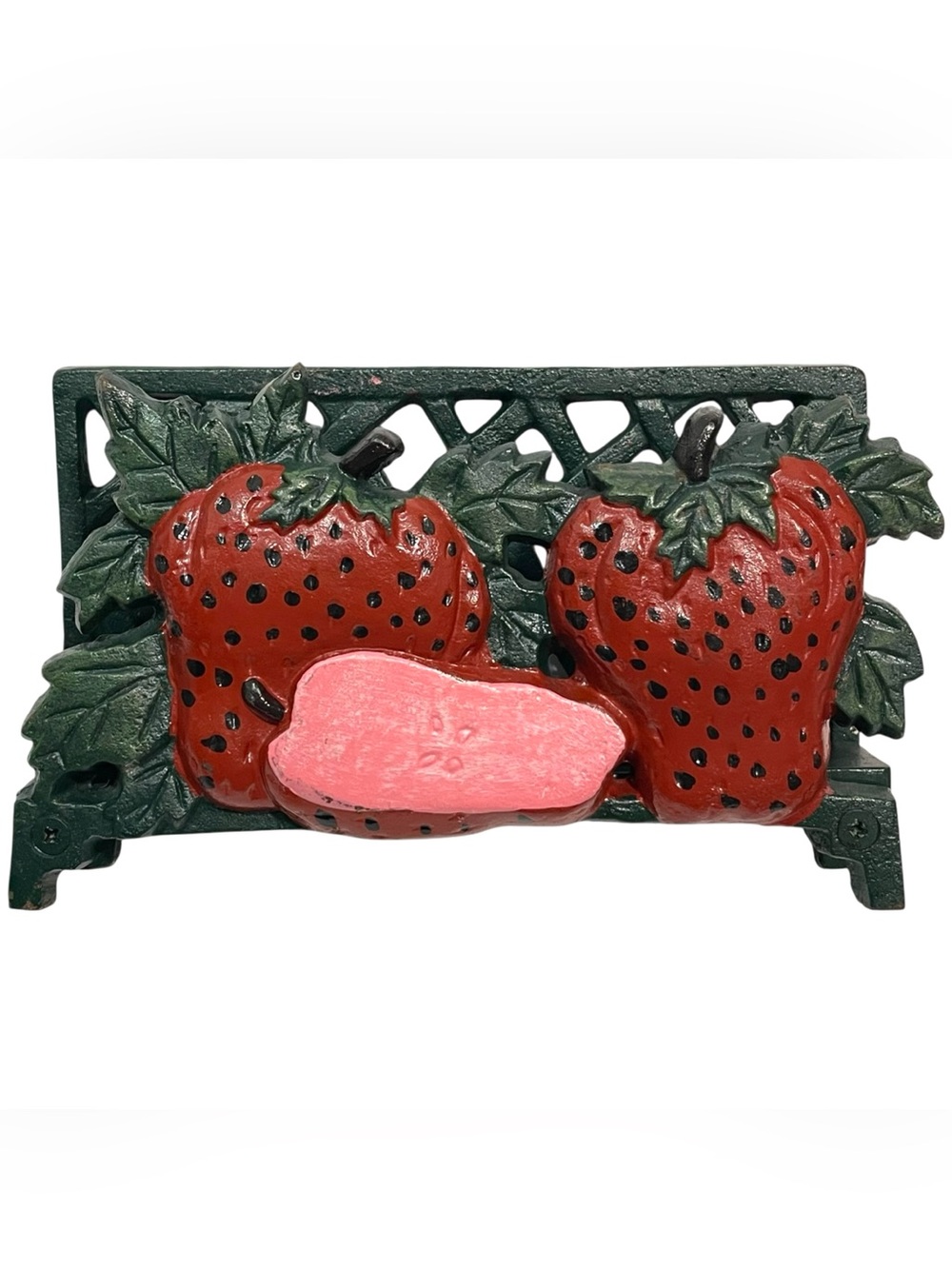 Vintage 1960s Cast Iron Strawberries Napkins Holder - Hand Painted - Farmhouse